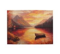 Liorosa Autumn Lake Serenity - Rompecabezas para adultos, 500 piezas, barco de madera solitario en aguas similares a espejo con reflejos de montaña dorada, pintura al óleo estética de color suave