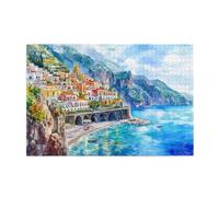 Liorosa Rompecabezas de 1000 piezas para adultos, ciudad costera mediterránea, arte de acuarela, pueblo vibrante junto al acantilado, decoración de pared de puente de piedra y mar azul, actividades