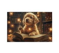 Liorosa Whimsical Dog Wizard - Rompecabezas vibrante de 1000 piezas, acogedora escena de biblioteca con luces mágicas, rompecabezas de arte de madera que alivia el estrés, maravillosa imaginación