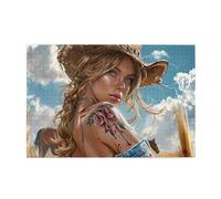 Liorosa Wild West - Rompecabezas de 1000 piezas con retrato de vaquera para adultos, rubio con tatuaje floral y manchas de sangre, arte desafiante, relajación profunda para ti mismo, disfruta del