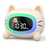 LIORQUE Despertador Infantil con luz Nocturna, 4 Niveles de Brillo Ajustables, 5 Colores Claros y 7 Música para Dormir, Despertador Digital con Función Recargable (Gatito Blanco)