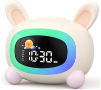 LIORQUE Despertador Niño con luz Nocturna, 4 Niveles de Brillo Ajustables, 5 Colores Claros y 7 Música para Dormir, Despertador Digital con Función Recargable (Blanco Roto)