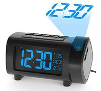 LIORQUE Radio Despertador Proyector, Reloj Despertador Digital con Gran VA Pantalla, Radio Reloj FM, C°/F°, 12/24 H, DST, 4 Niveles de Brillos, USB, Despertador Digital 180° con Función de Memoria