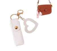 Lip Oil Keychain - Mirror & Oil 2-in-1 Holder, Compact PU Leather Lipstick Case with Heart Mirror, Lip Gloss Keychain for Purse or Bag (A-White)