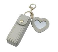 Lipgloss Holder Keychain with Mirror & Heart Pendant, PU Leather Lip Gloss Holder, Portable Lipstick Case for Travel & Car Storage (Beige)