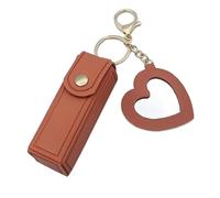 Lipgloss Holder Keychain with Mirror & Heart Pendant, PU Leather Lip Gloss Holder, Portable Lipstick Case for Travel & Car Storage (Brown)
