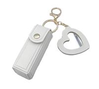 Lipgloss Holder Keychain with Mirror & Heart Pendant, PU Leather Lip Gloss Holder, Portable Lipstick Case for Travel & Car Storage (White)