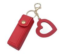 Lipgloss Holder Keychain with Mirror & Heart Pendant, PU Leather Lip Gloss Holder, Portable Lipstick Case for Travel & Car Storage (Red)