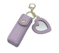 Lipgloss Holder Keychain with Mirror & Heart Pendant, PU Leather Lip Gloss Holder, Portable Lipstick Case for Travel & Car Storage (Light Purple)