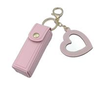 Lipgloss Holder Keychain with Mirror & Heart Pendant, PU Leather Lip Gloss Holder, Portable Lipstick Case for Travel & Car Storage (Pink)