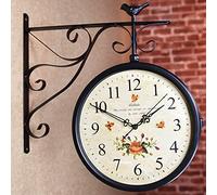 LIPJIA Reloj de Pared,Vintage Classic Station Retro Reloj Exterior de Doble Cara con Soporte para jardín - Relojes de Pared Decorativos