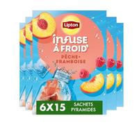 Lipton Té frío, sabor a melocotón y frambuesa, ideal para té helado, refrescante bebida de verano, 6 x 15 bolsas de pirámide
