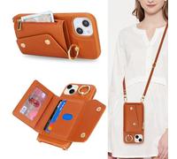 Lipvina Funda para iPhone 14 Plus con Cable Porta Tarjeta Funda iPhone 14 Plus con Cremallera Cartera Mujer Teléfono MóvilAjustable Collar Funda Funda con Anillo para Mujer - marrón