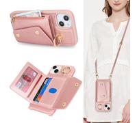 Lipvina Funda para iPhone 14 Plus con Cable Porta Tarjeta Funda iPhone 14 Plus con Cremallera Cartera Mujer Teléfono MóvilAjustable Collar Funda Funda con Anillo para Mujer - Rosa