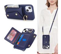 Lipvina Funda para iPhone 14 Plus con Cordón Porta Tarjeta CoqueE iPhone 14 Plus con Cremallera Cartera Mujer Teléfono Móvil Ajustable Collar Funda Funda con Anillo para Mujer - Azul
