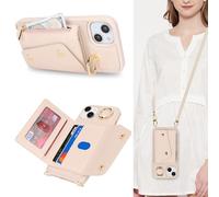 Lipvina Funda para iPhone 14 Plus con Cordón Porta Tarjeta Funda iPhone 14 Plus con Cremallera PoRtefeuille Mujer Teléfono Portátil Ajustable Collar Funda Estuche con Anillo para Mujeres - blancoo