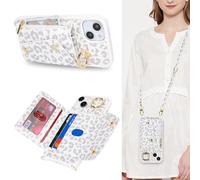 Lipvina Funda para iPhone 14 Pro con Cable Porta Tarjeta Funda iPhone 14 Pro con Cremallera Cartera Mujer TeléfonoPortátil Ajustable Collar Funda Funda con Anillo para Mujer - Leopardo blancoo