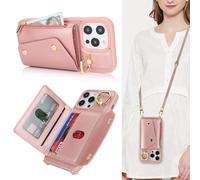 Lipvina Funda para iPhone 14 Pro MAX con Cordón Porta Tarjeta Funda iPhone 14 Pro MAX con Cremallera Cartera Mujer Teléfono Móvil Ajustable Collar Funda Funda con Anillo para Mujer - Rosa