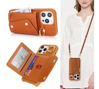 Lipvina Funda para iPhone 14 Pro MAX con Cordón Porta Tarjeta Funda iPhone 14 Pro MAX con Cremallera Cartera Mujer Teléfono Móvil Ajustable Collar Funda Funda con Anillo para Mujer - marrón