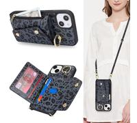 Lipvina Funda para iPhone 15 con Cordón Porta Tarjeta Funda iPhone 15 con Cremallera Cartera Femme Teléfono Móvil Ajustable Collar Funda Funda con Anillo para Mujer - Leopardo Negro