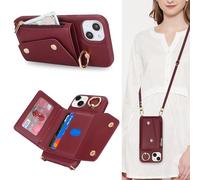 Lipvina Funda para iPhone 15 con Cordón Porta Tarjeta Funda iPhone 15 con Cremallera Cartera Mujer Teléfono Móvil Ajustable Collier Funda Funda con Anillo para Mujer - Rojo