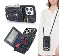 Lipvina Funda para iPhone 15 Pro con Cordón Porta Tarjeta Funda iPhone 15 Pro con Cremallera Cartera Mujer TeléfonoPortátil Ajustable Collar Funda Funda con Anillo para Mujeres - Leopardo Negro
