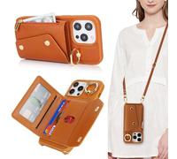 Lipvina Funda para iPhone 15 Pro con Cordón Porta Tarjeta FundaiPhone 15 Pro con Cremallera Cartera Mujer Teléfono Móvil Ajustable Collar Funda Funda con Anillo para Mujer - marrón