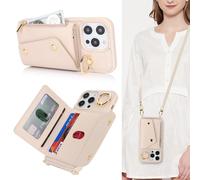 Lipvina Funda para iPhone 15 Pro MAX con Cordón Porta Tarjeta Funda iPhone 15 Pro MAX con Cremallera Cartera Mujer Teléfono Móvil Ajustable Collar Funda Funda con Anillo para Mujer - blancoo