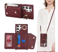 Lipvina Funda para Samsung Galaxy S23 Ultra con Cordón Porta Tarjeta Funda con Cremallera Cartera Mujer Teléfono Portátil Ajustable Collar Funda Funda con Anillo para Mujer - Rojo