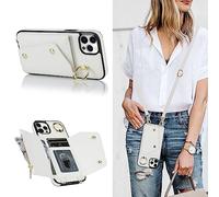 Lipvina Hülle für iPhone 12 Pro Max Hülle aus hochwertigem Leder mit praktischem Lanyard, Kartenfach und Standfunktion, inklusive Schutzhülle mit -Sperre, Kabel und Ring - Weiß