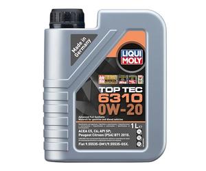 LIQUI MOLY Aceite de motor 0W-20 Top Tec 6310 1L Compatible con PEUGEOT 208 I Hatchback CA, CC 2008 I A94, CU, TOYOTA AYGO WNB1, KGB1, NISSAN Qashqai II J11, J11