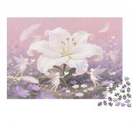 Lirio Rompecabezas de Papel Resistente de Lirio Blanco con Hadas y pétalos Rosas, Alivio del estrés, decoración del hogar 38x26cm/1000 Piezas