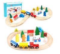 LiRiQi Circuit Tren Niño, 33 piezas Conjunto de circuito de tren de madera para niños pequeños, rieles de madera, tema urbano compatible con Thomas Brio, regalos para niños niñas 3 4 5 6 7 años