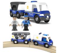 LiRiQi Tren Juguete para Niños, Vehículo de policía con Luz y Sirena, Coche de policía, Tren de Juguete Compatible con Thomas Brio, Juguetes de ferrocarril de Madera para niños pequeños 3 años