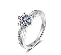 Lirzxin - Alianza de boda de oro blanco para mujer, 14 quilates, anillo de compromiso ajustable, diseño hueco de 6 puntas redondas, moissanita, oro blanco, 10, Oro blanco, Moissanita