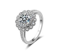 Lirzxin Alianza de boda de oro blanco para mujer, anillo de compromiso de 9 quilates, elegante flor redonda de 4 puntas, diamante de laboratorio y moissanita, anillos de boda de oro blanco, M 1/2, Oro