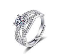 Lirzxin Alianza de boda de oro blanco para mujer, anillos de boda para mujer, diseño hueco ajustable, anillo de compromiso de moissanita redonda de 4 puntas, oro blanco, M 1/2, Oro blanco de 18