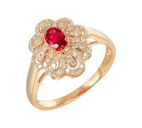 Lirzxin Alianza de boda de plata de ley 925 para mujer, anillo de compromiso con flor con rubí rojo ovalado creado en laboratorio de 0,53 quilates y anillo de moissanita de 0,23 quilates, oro rosa, V