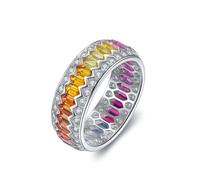 Lirzxin Alianza de boda para mujer, anillo de compromiso de oro blanco de 14 quilates, largo arcoíris multicolor, zafiro sintético y moissanita anillos de boda para mujer de oro blanco para promesa