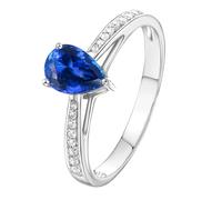 Lirzxin Anillo de boda de oro blanco de 14 quilates para mujer, anillos de compromiso de 3 puntas, gota de agua de 0,5 quilates/1 quilate, zafiro y moissanita azul creado en laboratorio, anillo de oro