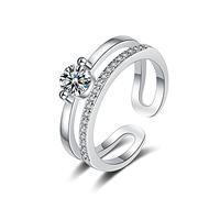 Lirzxin Anillo de boda de oro blanco para mujer, anillo de boda para mujer, ajustable, abierto, doble capa, diseño hueco con moissanita redonda, anillos de aniversario de oro blanco, M 1/2, Oro blanco
