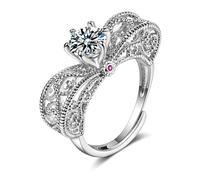 Lirzxin Anillo de boda de oro blanco para mujer, anillo de eternidad ajustable de lujo con moissanita redonda de 6 puntas y rubí de laboratorio, anillos de boda de oro blanco, M 1/2, Oro blanco de 18