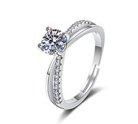 Lirzxin - Anillo de boda de oro blanco para mujer de 14 quilates, anillos delicados para mujer, ajustable, abierto de 4 puntas redondas, moissanita, oro blanco, P 1/2, Oro blanco, Moissanita