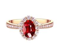 Lirzxin Anillo de boda de oro rosa de 9 quilates para mujer, anillos de compromiso con diseño de flor de 0,55 ct/1 ct, rojo ovalado creado en laboratorio, anillo de rubí y moissanita, oro rosa, X 1/2