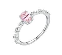 Lirzxin Anillo de boda para mujer, anillos de boda de oro blanco de 18 quilates, delicado zafiro rosa sintético ovalado de 0,5 ct y moissanita anillo de compromiso de oro blanco para novia, novia, 16