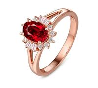 Lirzxin Anillo de compromiso de oro rosa de 9 quilates para mujer, elegante flor ovalada de 1 quilate, rubí rojo creado en laboratorio y moissanita de 0,25 quilates, oro rosa, L 1/2, Oro rosa de 9