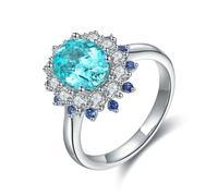 Lirzxin Anillo de compromiso para mujer de oro blanco de 14 quilates, elegante flor con turmalina paraiba sintética de 3 ct y moissanita tanzanita sintética, anillo vintage de oro blanco para promesa