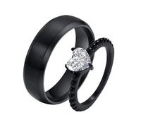 Lirzxin Anillo de matrimonio para mujeres y hombres, juego de anillos de compromiso de acero inoxidable para parejas, 6 mm, mate cepillado, redondo y corazón con circonita cúbica negra, Women Size N