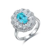Lirzxin Anillo de mujer de boda, anillos de oro blanco de 14 quilates, flor con turmalina paraiba sintética ovalada de 2,79 ct y moissanita anillo de boda para mujer de oro blanco para promesa, 22