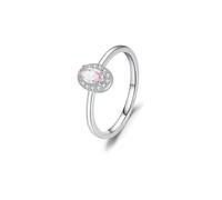 Lirzxin Anillo de oro blanco de 18 quilates para mujer, oro auténtico 750, anillo de compromiso, delicado halo con 4 garras, ovalado, laboratorio, creado en rosa zafiro de 0,25 quilates y moissanita